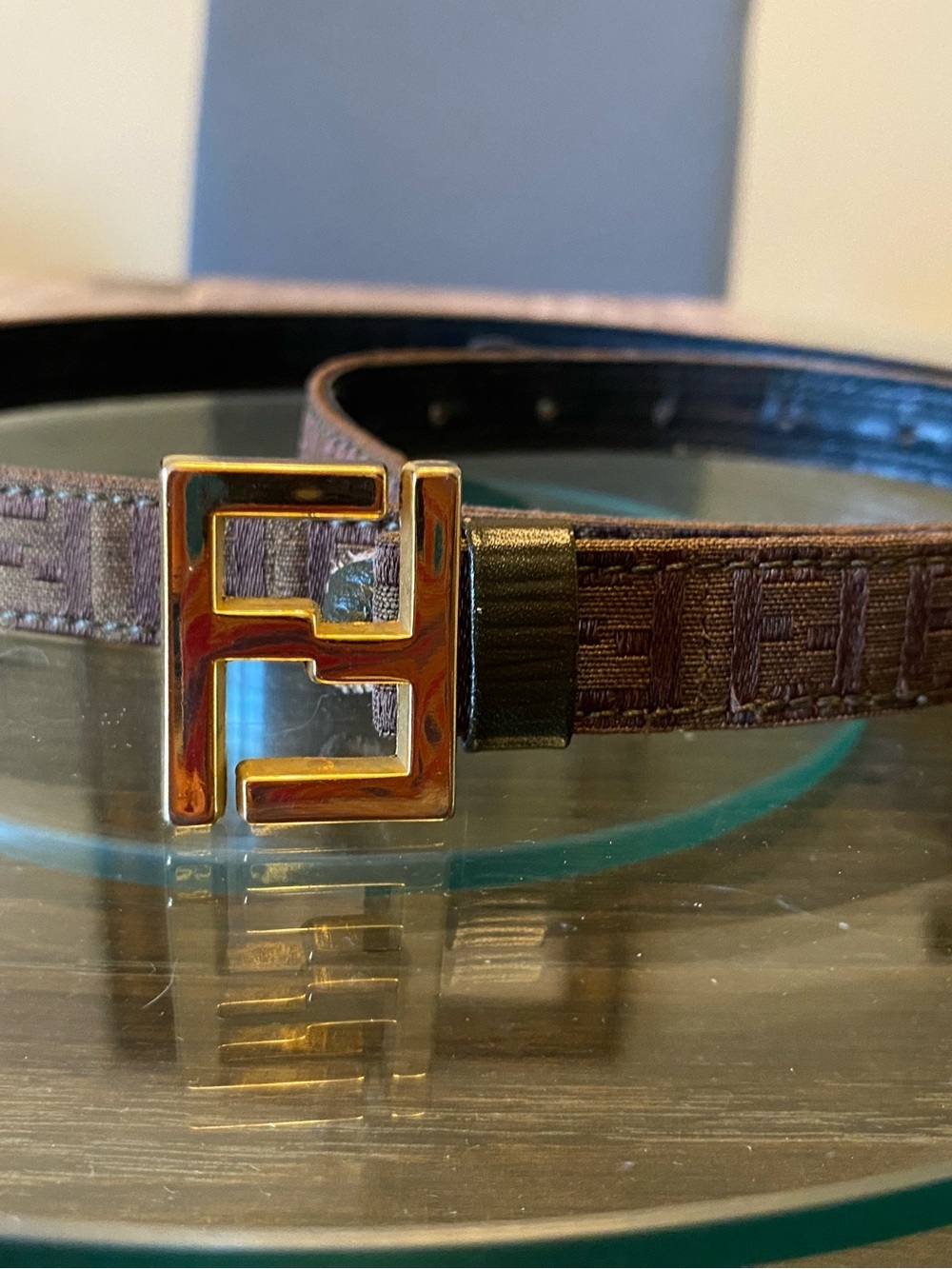 Fendi Brown Monogram Belt with Gold F Buckle